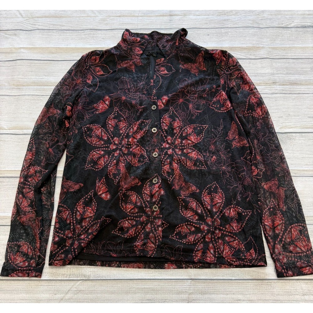 Jane+Delancey Button Up Shirt S Black Red Butterfly Floral Sheer Whimsigoth